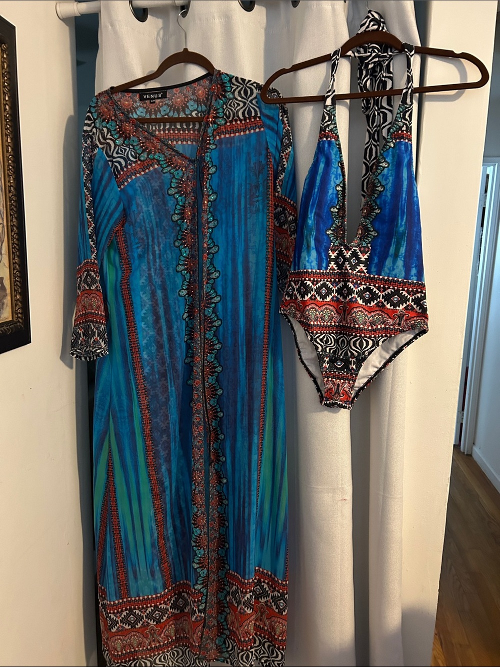 VENUS Blue Teal Print One-Piece Swimsuit with Matching Cover-Up